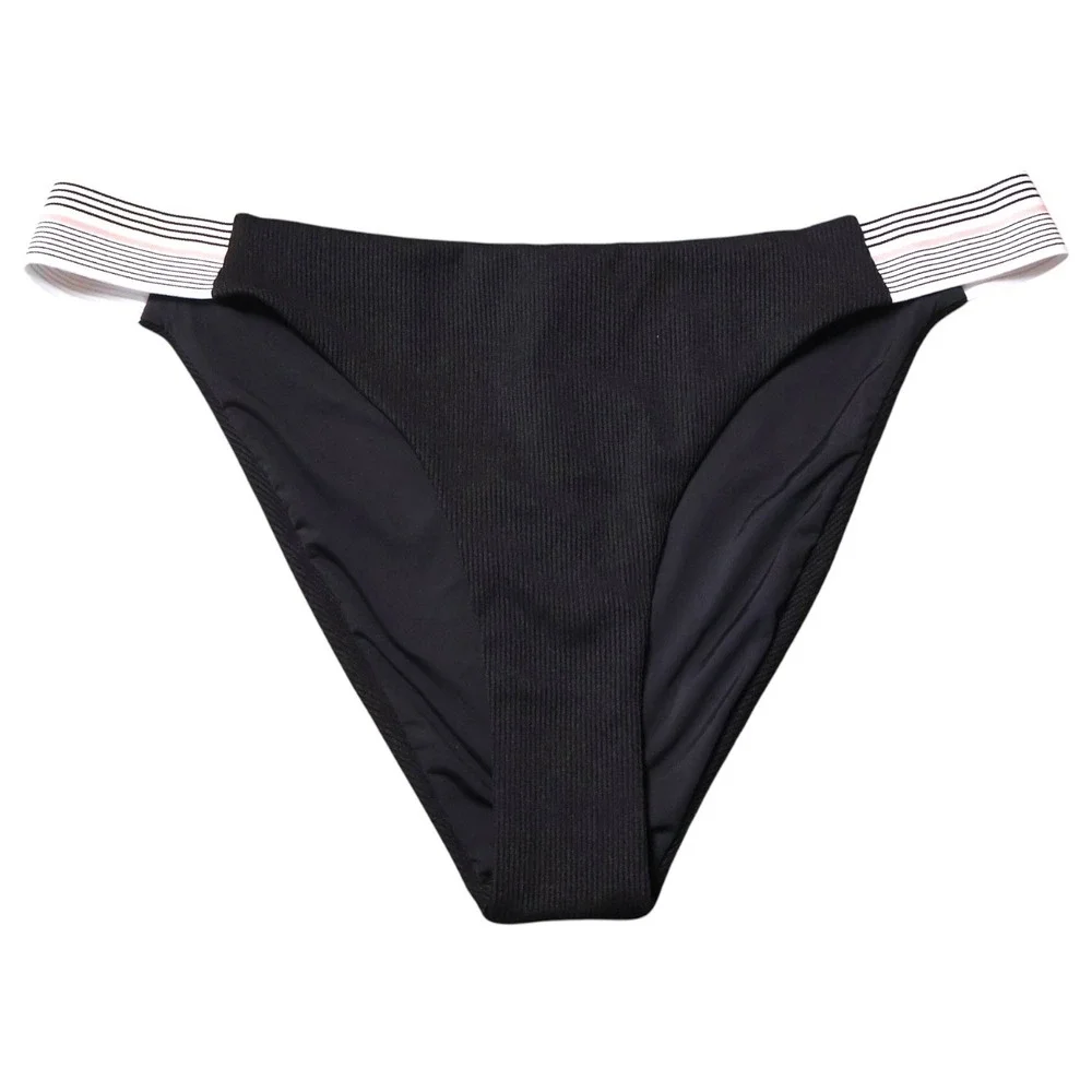 Dolce Vita Fast Lane Bikini Bottom M Black Ribbed Cheeky Sporty Stripe Versatile